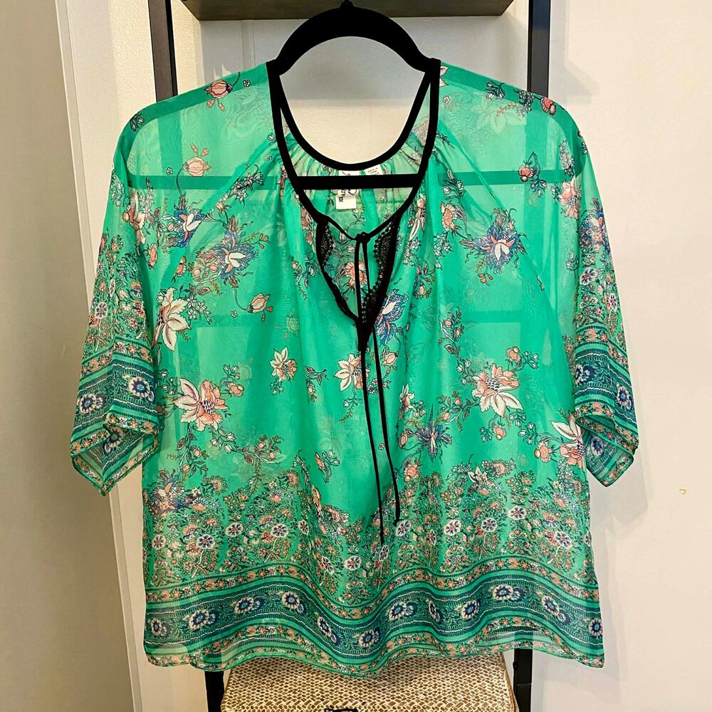 Konrad + Joseph Green Floral Sheer Blouse Size S Boho Peasant Top Tie Neck